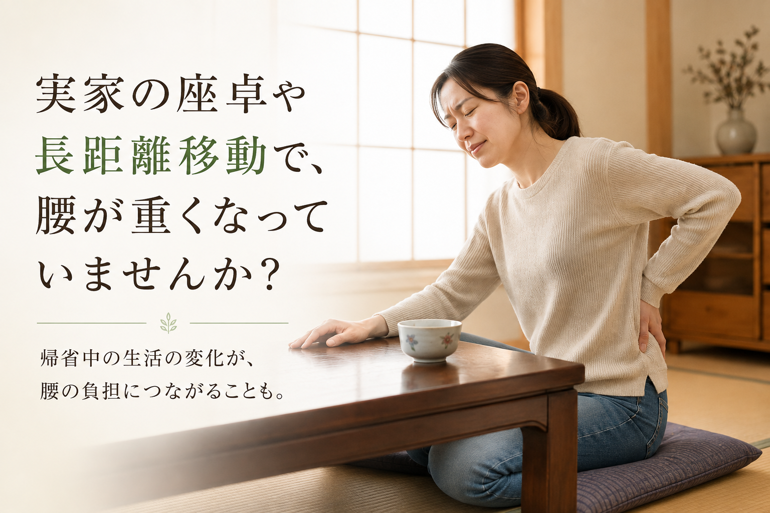 お盆の帰省で腰が重い…実家の座卓・長距離運転でつらくなった方へ｜草津市望鍼灸院